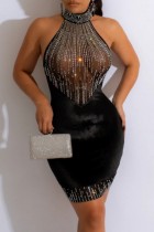 Black Sexy Patchwork Hot Drilling See-through Turtleneck Sleeveless Dress Dresses