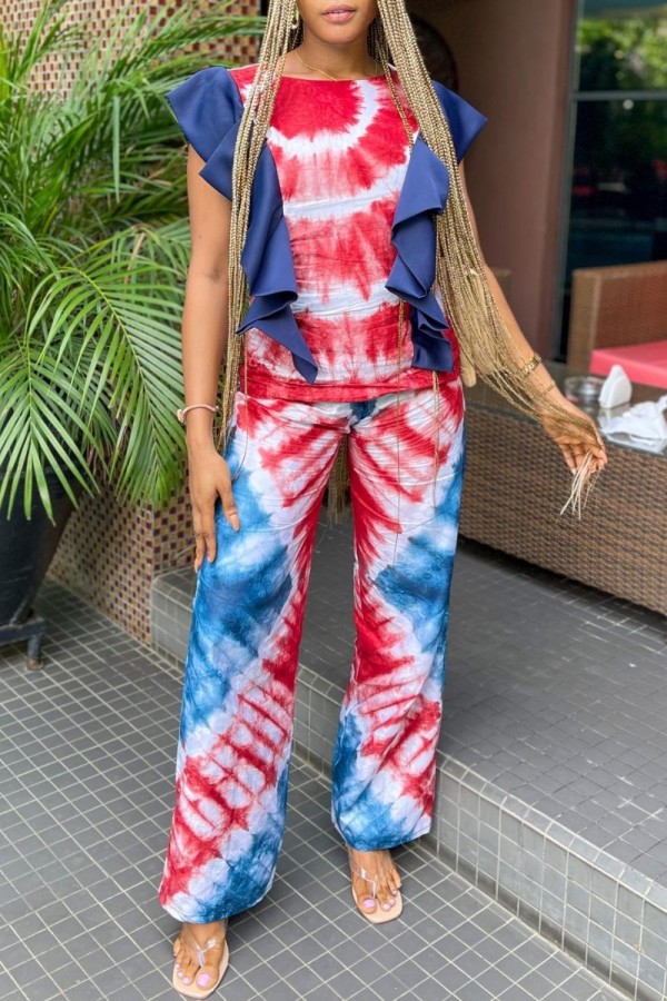 Red Blue Casual Print Tie Dye Patchwork O Neck Two Pieces