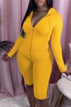 Yellow Casual Sportswear Solid Patchwork Zipper Hooded Collar Long Sleeve Two Pieces