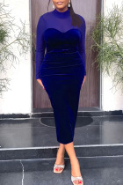 Blue Casual Solid Patchwork Slit O Neck One Step Skirt Dresses
