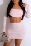 White Sexy Casual Solid Patchwork Beading Off the Shoulder Long Sleeve Two Pieces