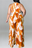 Orange Yellow Fashion Casual Print Patchwork O Neck Plus Size Jumpsuits