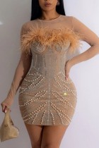 Apricot Sexy Patchwork Hot Drilling See-through Feathers O Neck Long Sleeve Dresses