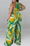 Green Fashion Casual Print Patchwork O Neck Plus Size Jumpsuits