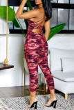 Red Sexy Camouflage Print Bandage Backless Spaghetti Strap Skinny Jumpsuits