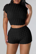 Black Casual Solid Patchwork O Neck Short Sleeve Two Pieces