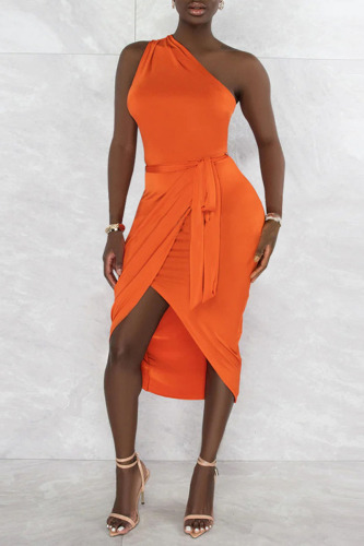 Tangerine Red Sexy Solid Bandage Patchwork Asymmetrical Oblique Collar Irregular Dress Dresses