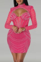 Pink Sexy Patchwork Hot Drilling Hollowed Out See-through Half A Turtleneck Long Sleeve Dresses