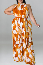 Orange Yellow Fashion Casual Print Patchwork O Neck Plus Size Jumpsuits