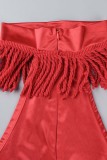 Red Sexy Solid Tassel Hollowed Out Strapless Wrapped Skirt Dresses