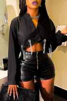 Black Casual Street Solid Patchwork Chains Turn-back Collar Outerwear