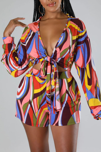 Red Vacation Print Bandage Patchwork Long Sleeve Two Pieces