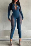 Black Sexy Patchwork Hollowed Out See-through O Neck Skinny Jumpsuits