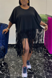 Black Plus Size Casual Simplicity Solid Tassel Solid Color O Neck