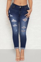 Deep Blue Casual Solid Ripped High Waist Skinny Denim Jeans