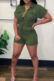 Army Green Casual Solid Patchwork Turndown Collar Regular Jumpsuits