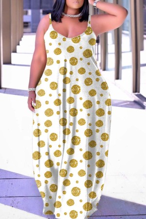 White Yellow Casual Dot Print Backless Spaghetti Strap Long Dress Dresses