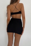 Black Sexy Solid Patchwork Backless Spaghetti Strap Wrapped Skirt Dresses