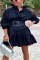 Black Casual Sweet Vintage Solid Flounce Without Belt Solid Color Long Sleeve Dresses
