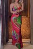 Colour Sexy Print Hollowed Out Backless Spaghetti Strap Long Dress Dresses