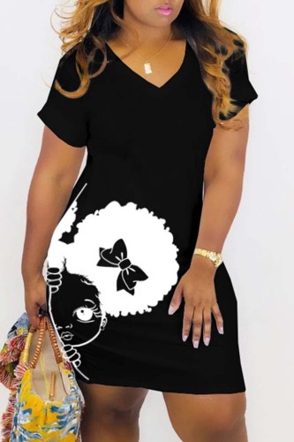 Black Casual Print Basic V Neck Short Sleeve Dress