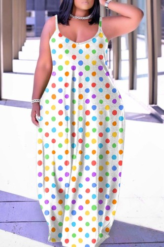 White Casual Dot Print Backless Spaghetti Strap Long Dress Dresses