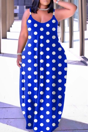 Blue Casual Dot Print Backless Spaghetti Strap Long Dress Dresses