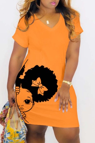 Orange Casual Print Basic V Neck Short Sleeve Dress