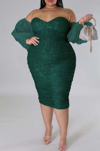 Ink Green Sexy Formal Patchwork Hollowed Out Backless Off the Shoulder Evening Dress Plus Size Dresses