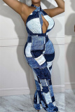 The cowboy blue Sexy Casual Simplicity Print Bandage Backless Halter Skinny Jumpsuits
