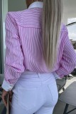 Pink Casual Striped Print Patchwork Shirt Collar Tops
