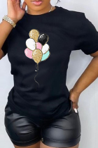 Black Street Print Patchwork O Neck T-Shirts