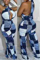 The cowboy blue Sexy Casual Simplicity Print Bandage Backless Halter Skinny Jumpsuits