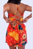Red Sexy Casual Print Hollowed Out Backless Spaghetti Strap Sleeveless Dress Dresses