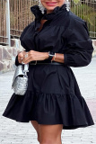Black Casual Sweet Vintage Solid Flounce Without Belt Solid Color Long Sleeve Dresses