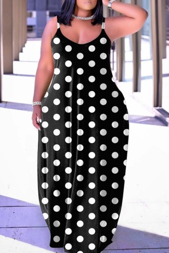 Black Casual Dot Print Backless Spaghetti Strap Long Dress Dresses