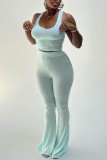 Mint green Casual Solid Vests Pants U Neck Sleeveless Two Pieces