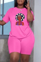 Pink Casual Print Basic O Neck Short Sleeve Two Pieces