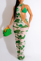 Green Sexy Print Hollowed Out Patchwork O Neck Irregular Dress Dresses