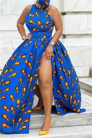 Blue Vintage Vacation National Totem High Opening Printing O Neck Printed Dress Dresses