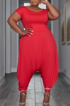 Red Casual Solid Basic O Neck Plus Size Jumpsuits