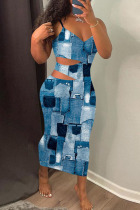 The cowboy blue Sexy Print Hollowed Out Patchwork Spaghetti Strap One Step Skirt Dresses