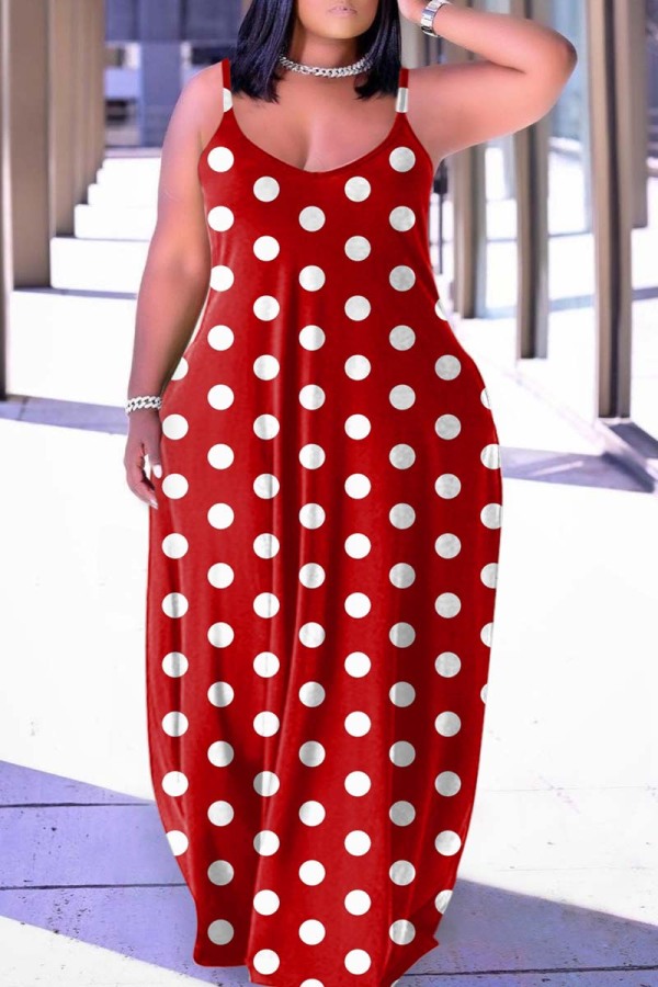 Red Casual Dot Print Backless Spaghetti Strap Long Dress Dresses