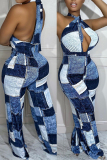 The cowboy blue Sexy Casual Simplicity Print Bandage Backless Halter Skinny Jumpsuits
