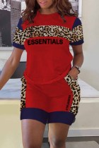 Red Casual Print Leopard Patchwork Letter O Neck Short Sleeve Two Pieces