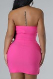 Rose Red Sexy Solid Backless Strapless Sleeveless Dress Dresses