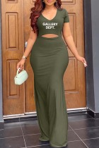 Army Green Casual Letter Print Hollowed Out V Neck Short Sleeve Dress Dresses