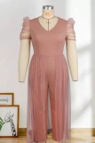 Light Pink Casual Solid Patchwork V Neck Plus Size Jumpsuits