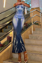Blue Sexy Print Patchwork Spaghetti Strap Pencil Skirt Dresses