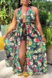 Multicolor Sexy Print Bandage Backless Slit Halter Sleeveless Two Pieces